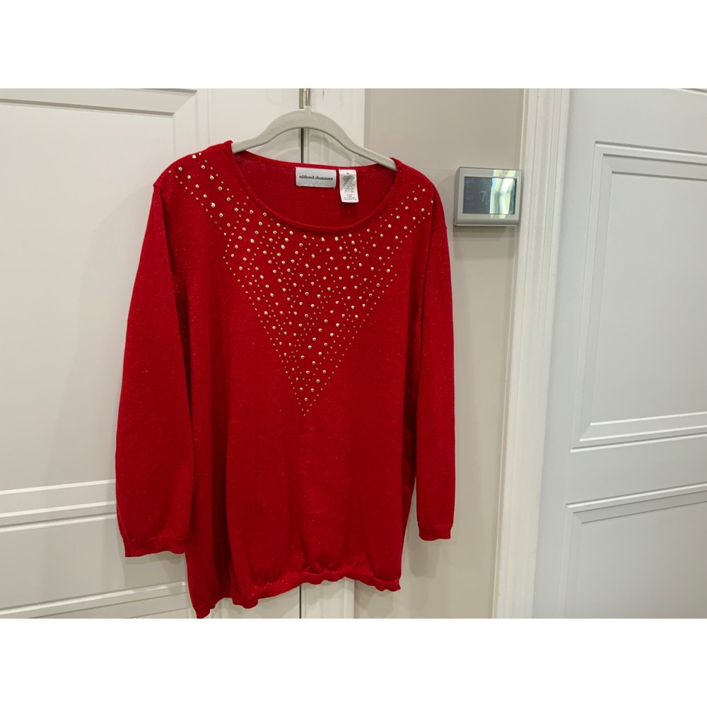 Alfred Dunner Women's Red Sparkle Embellished‎ V Neck Long Sleeve Sweater Top